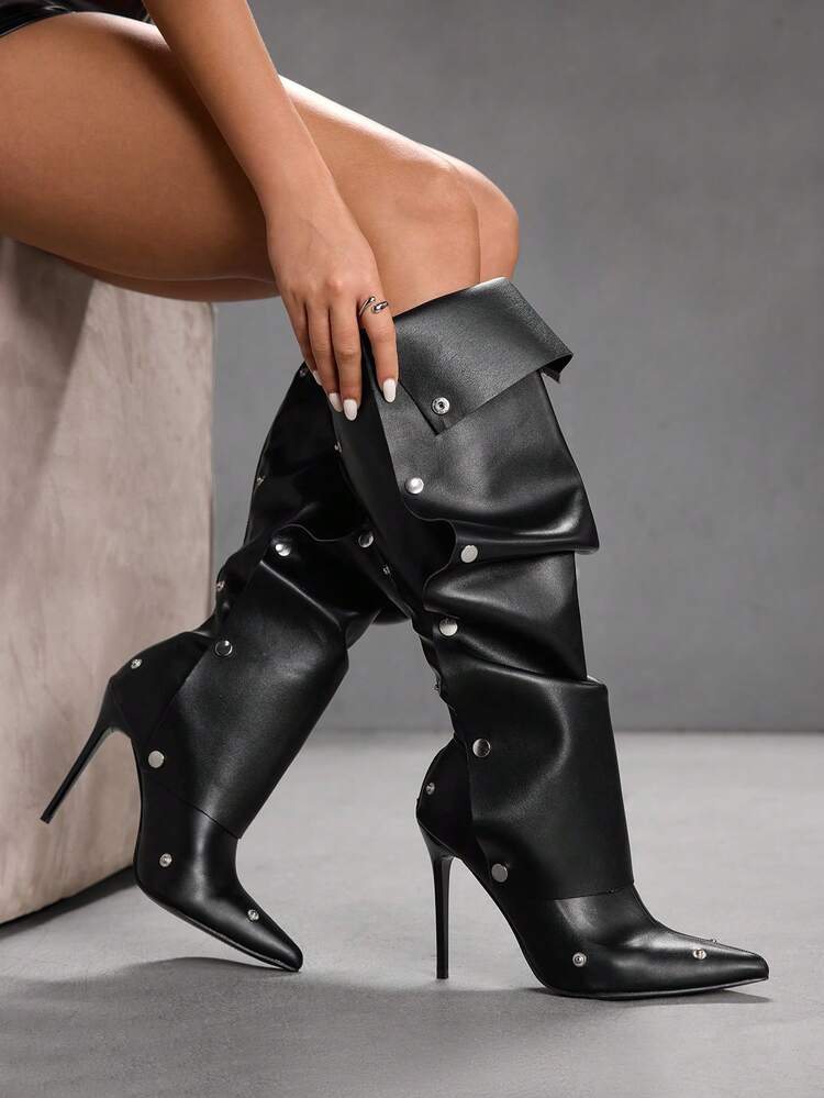 CUCCOO SZL Women's Fashion High Heel Thigh High Boots, Pointed Toe Slim Heel Ruched Tall Boots For Christmas Spring Shoes