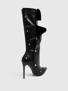 CUCCOO SZL Women's Fashion High Heel Thigh High Boots, Pointed Toe Slim Heel Ruched Tall Boots For Christmas - Black - View 9