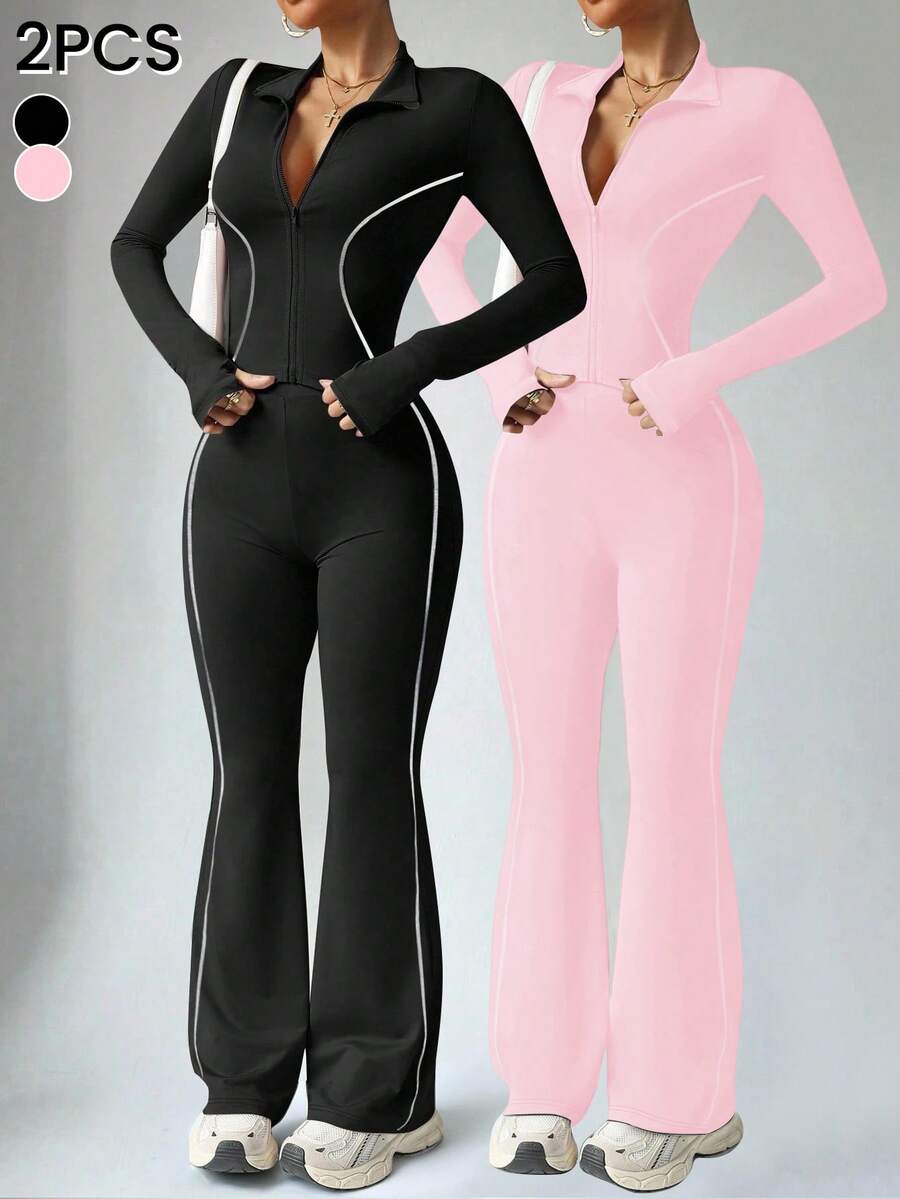 Easithlete Bộ đồ thể thao 2 món cho nữ, áo khoác dài tay có khóa kéo, lỗ xỏ ngón cái, cổ đứng, sọc tương phản và quần ống loe cạp cao có sọc tương phản, thích hợp mặc thường ngày, chạy bộ, tập yoga, tập gym - Nhiều màu - Xem 1