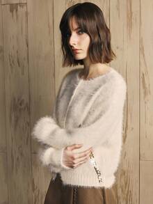 EMERY ROSE Cardigan corto a maniche lunghe in maglia con scollo tondo, spalle cadenti, bottoni frontali, di colore unito, alla moda, per donna - Bianco - Visualizzare 7