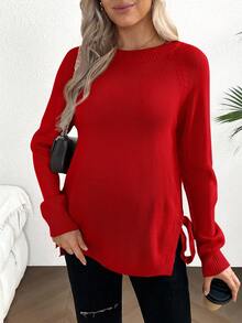 SHEIN Maternity Casual Solid Color Drawstring Crew Neck Long Sleeve Sweater, Autumn/Winter - Red - View 3