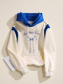 SHEIN Mädchen Lässig Pullover Sweatshirt mit Schleife & Kontrastfarbdruck, bequem für den täglichen Gebrauch, Herbst/Winter - Verschiedenfarbig - Übersicht 3