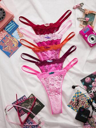 5 st/pack spetsmönster med blomdekor och stringtrosor för kvinnor