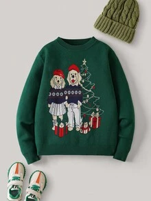 PrepCrw 1 pieza Suéter de cuello redondo verde con gráfico de cachorro lindo, elegante y casual, estilo escolar urbano para niñas preadolescentes, versátil para salidas, reuniones, regreso a la escuela, adecuado para invierno, otoño, Navidad - Verde - Ver 2