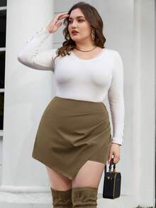 SHEIN Privé 大尺碼女款純色百褶不對稱下擺裙褲 卡其色性感修身裙褲 - 駝色 - 查看 5