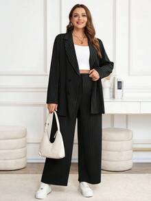 SHEIN Clasi 两件套加大码西装套装：长袖上衣和阔腿裤 - 黑色 - 查看 5