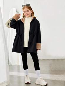 Giacca casual con cappuccio a maniche lunghe per ragazze pre-adolescenti, adatta per l'autunno e l'inverno, calda, con tasche, giacca in pile a maniche lunghe, adatta per l'uso quotidiano e le occasioni casual - Cammello - Visualizzare 3
