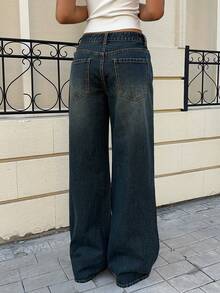 Muchica Dark Blue Sparkly Rhinestone Straight Leg Jeans Winter Thickened Loose Straight Wide-Leg Pants With Rhinestones And Glitter,Party Wear,Christmas Pants