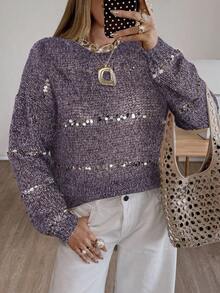 Siren Gaze 女士宽松圆领长袖亮片装饰休闲毛衣，秋冬季款 - 中紫紅色 - 查看 4