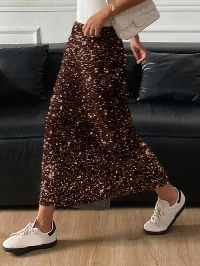 Livesso Sequin Embellished Solid Color Elegant Party Skirt For Women New Years Carnival