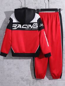 SHEIN 男童休闲宽松舒适柔软经典时尚酷炫赛车图案印花套头卫衣套装，适合秋冬季穿着 - 紅色 - 查看 3