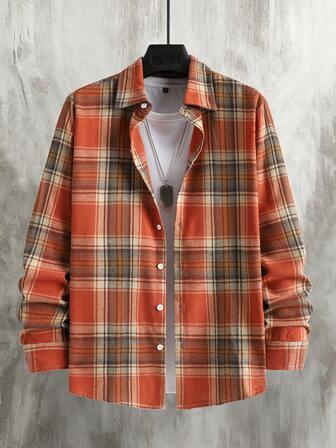 Manfinity Homme חולצת קז'ואל עם שרוולים ארוכים משובצת לגברים עם חזה יחיד