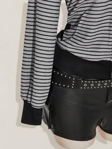 SHEIN ICON 大码黑灰条纹Y2K复古卫衣/冬季女式拉链卫衣 - 黑色 - 查看 9