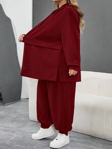 SHEIN CURVE+ Conjunto de 2 piezas de sudadera con capucha y pantalón jogger de talla grande en color negro, de vuelta al colegio, básicos casuales para otoño/invierno