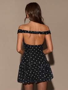 SHEIN BAE Women's Polka Dot Print Minimalist Daily Wear Off Shoulder Dress,Spring,Summer Dress,Spring Outfit Women ,Summer Outfit For Women, Valentine's Day,Valentine Outfits For Women ,Elegant ,Vacation Outfits Women ,Summer Holiday Outfits ,Casual,Beach Outfit For Women,Polka Dot Dress, - Black - View 3