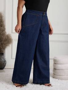 EMERY ROSE Plus Size  Wide Leg Jeans Women Dark Blue Wash-Through Commuter Jeans - Dark Wash - View 4