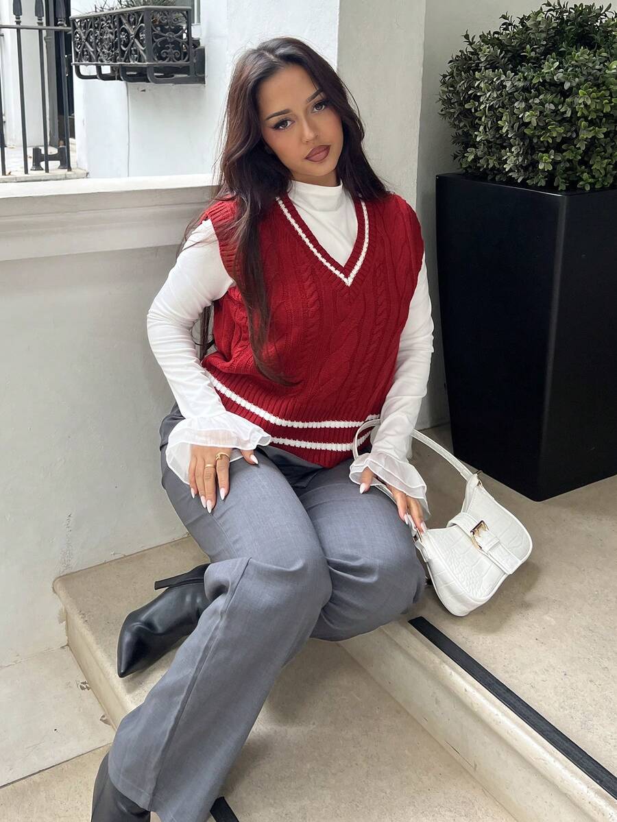 NegzBox 女士休闲撞色边饰毛衣背心，秋冬 - 酒紅色 - 查看 1