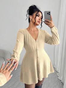 Elenzga Elegante y elegante suéter de mujer con botones de perlas de manga larga y cuello en V, de talla grande, adecuado para uso diario - Albaricoque - Ver 6