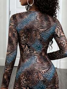 Eryvara 女式豹纹网眼喇叭袖性感连衣裙，适合休闲、派对、约会、秋冬 - 棕色 - 查看 3