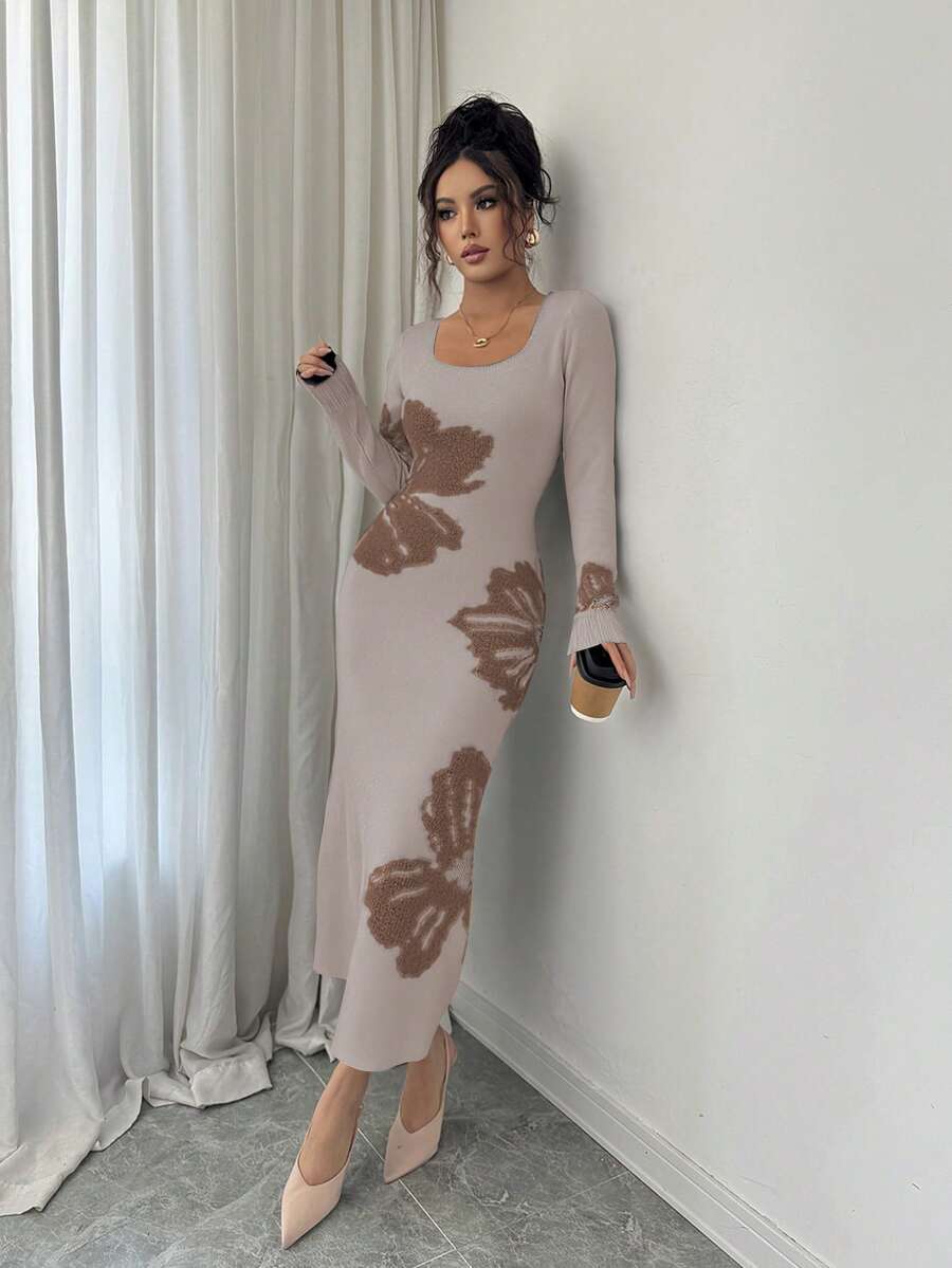Elenzga Váy len bó sát eo dệt kim Jacquard cổ vuông - Màu be - Xem 1