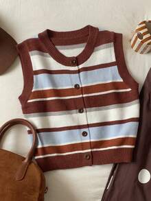 Comfortcana Áo len dệt kim cổ tròn đơn hàng khuy kẻ sọc dành cho nữ, Thu/Đông - Nhiều màu - Xem 5