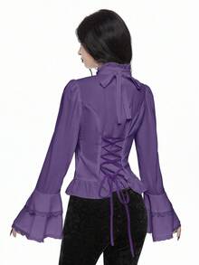ROMWE Goth 复古宫廷风格哥特式可拆卸荷叶边领带，巴洛克水晶吊坠，喇叭袖荷叶边，收腰女式衬衫 - 紫色 - 查看 3