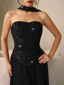 Coutiva Elegant Sequin Embellished Long Sleeve Dress, High-End Formal Gown For Banquet - Black - View 4