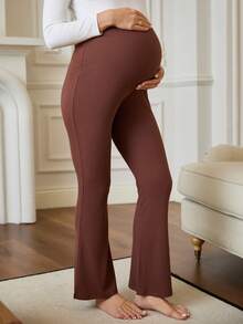SHEIN Legging Casual de Cintura Alta Sólida, Cintura Elástica Slim para Gestantes - Castanho - Visão 8