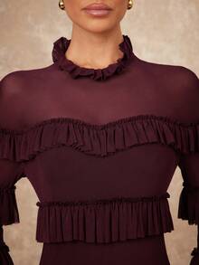 Lumalex Robe moulante en maille à manches longues avec col Top et volants exagérés pour femmes