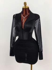 Amplova Vestido sexy plus size feminino com gola, detalhes em tule, mangas compridas e franzidos. - Preto - Ver 4