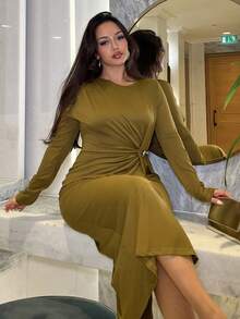 NegzBox Women's Modern Round Neck Ruched Button Decor Waist Fitted Bodycon Side Slit Long Sleeve Dress Roupa Para A Universidade Fall Cloth For Women