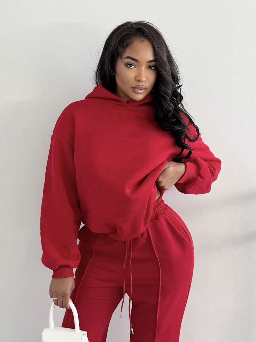 Alexandranx Summer Outfits Women's Simple Casual Solid Color Pullover Hooded Long Sleeve Hoodie Without Drawstring Oversize Fall Clothes Winter Clothes - Red - View 1