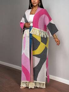 Slaydiva 秋冬新款，宽松几何撞色拼接流苏针织长款开衫，女款，大码，适合休闲、聚会、约会、复古等场合穿着 - 彩色 - 查看 4