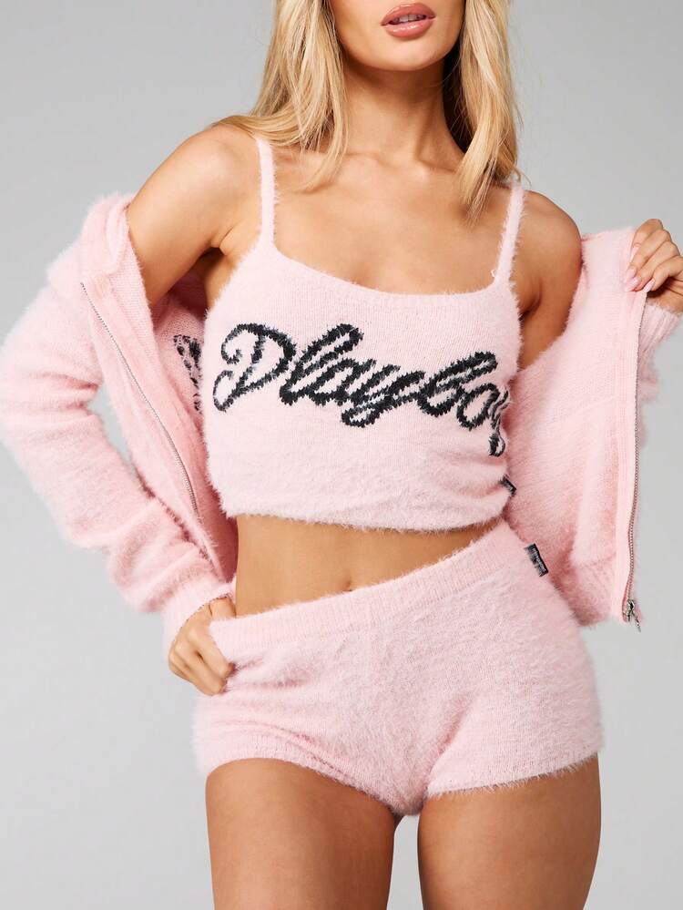 Missguided x Playboy フラッフィーニットキャミトップとブーティーショートのレディースコーデセット、寒い冬のラウンジウェア