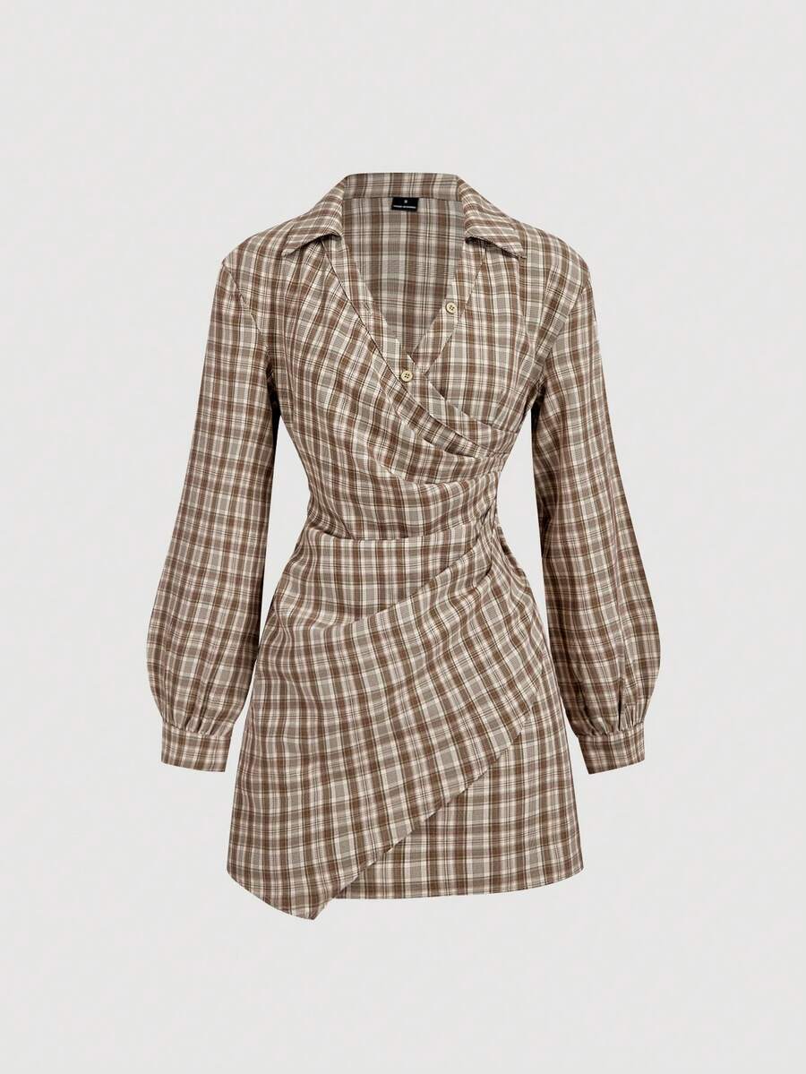 SHEIN MOD Women's Plaid Long Sleeve Ruched Casual Mini Dress - Apricot - View 1