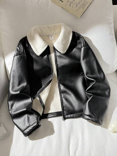 SHEIN 少女秋冬街头时尚PU复合材质保暖内衬撞色领加厚机车夹克，适合秋冬季日常穿着，Y2K风格