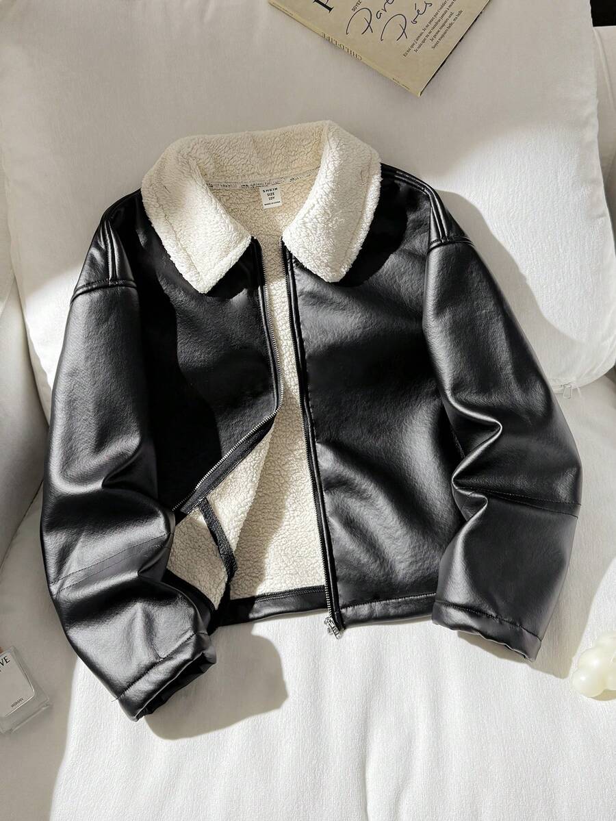 SHEIN 少女秋冬街头时尚PU复合材质保暖内衬撞色领加厚机车夹克，适合秋冬季日常穿着，Y2K风格 - 黑色 - 查看 1