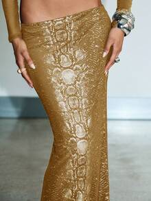 KIZN Snake Print Long Sleeve Bodycon Maxi Dress Evening Party Club Outfit Python Pattern - Gold - View 4
