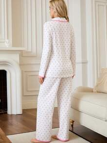 SHEIN 2pcs Maternity Floral Trim Heart Print Button-Front Long Sleeve Top And Pants Set - White - View 3