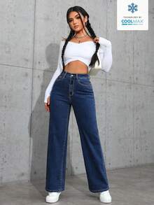 SHEIN ICON 女式直筒宽松休闲牛仔裤，带口袋，百搭 - 深色水洗藍 - 查看 3