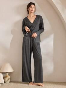 Ocili Minimalist Comfortable Collarless Soft Women Lounge Set, Winter Clothes - Black - View 4