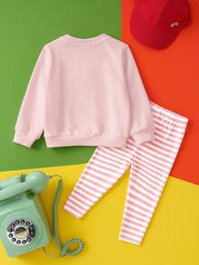 LOONEY TUNES X SHEIN 两件套女婴休闲日常通勤可爱卡通刺绣卫衣和条纹打底裤，适合春秋季穿着 - 粉色 - 查看 2