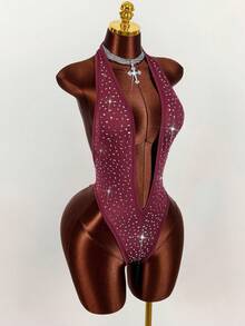 Amplova 女士水钻装饰吊带连体衣 - 酒紅色 - 查看 5