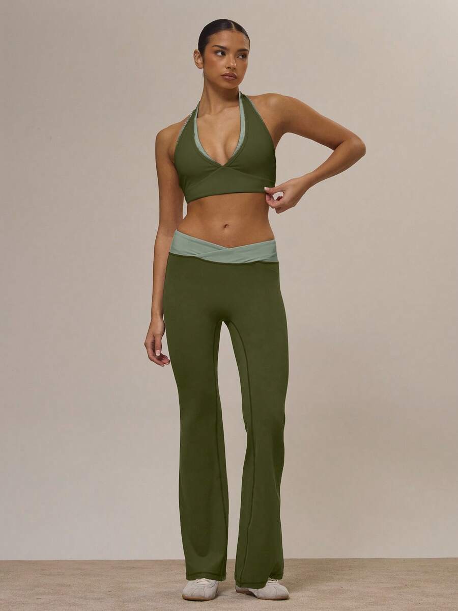 Musera Sport Quần yoga ống loe ôm sát, cạp chéo tương phản, chỉ dành cho tập gym, thể thao năng động, tập luyện, màu quế xoáy, mùa đông. - màu xanh lá - Xem 1