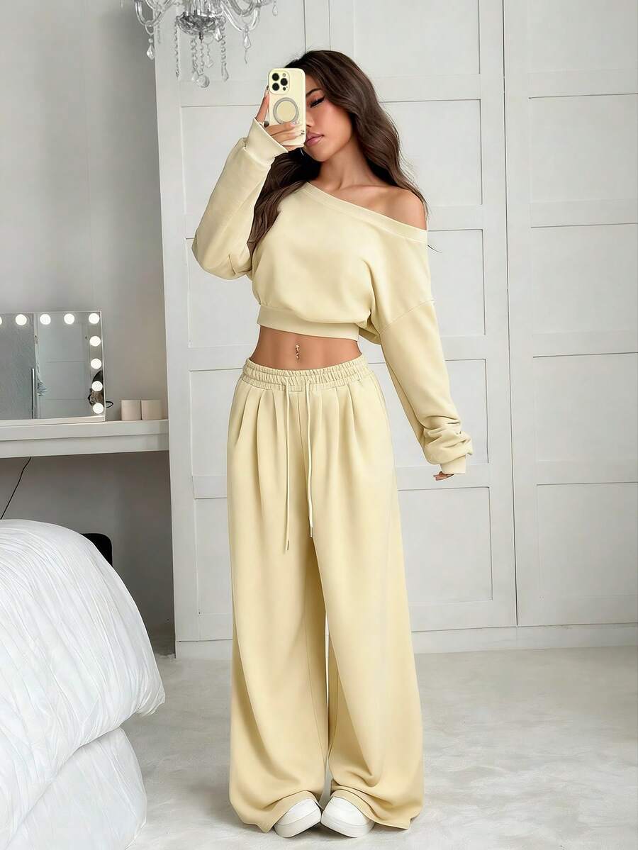 SHEIN EZwear 女士纯色不对称肩部落肩长袖短款连帽衫和抽绳腰带运动裤休闲套装 - 杏色 - 查看 1