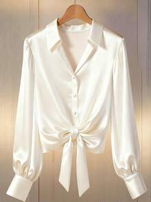 Franclia 女士休闲不对称下摆长袖衬衫，带衬衫领 - 白色 - 查看 3