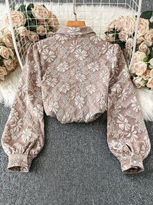 Chiquease 女士花卉提花长袖单排扣优雅衬衫，秋季