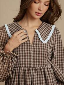 WESTFADE Gingham & Eyelet Collared V Neck Tie Sleeve Babydoll Mini Dress Cute Fall Clothes For Women Country Concert Outfit - Redwood - View 5