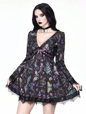 Gothic Snake Skin, Moth & Floral Print Contrast Lace Fitted A-Line Dress