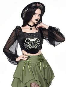 ROMWE Goth Blusa ajustada con estampado de planta de bruja y luna en las mangas tipo linterna para mujer - Negro - Ver 7
